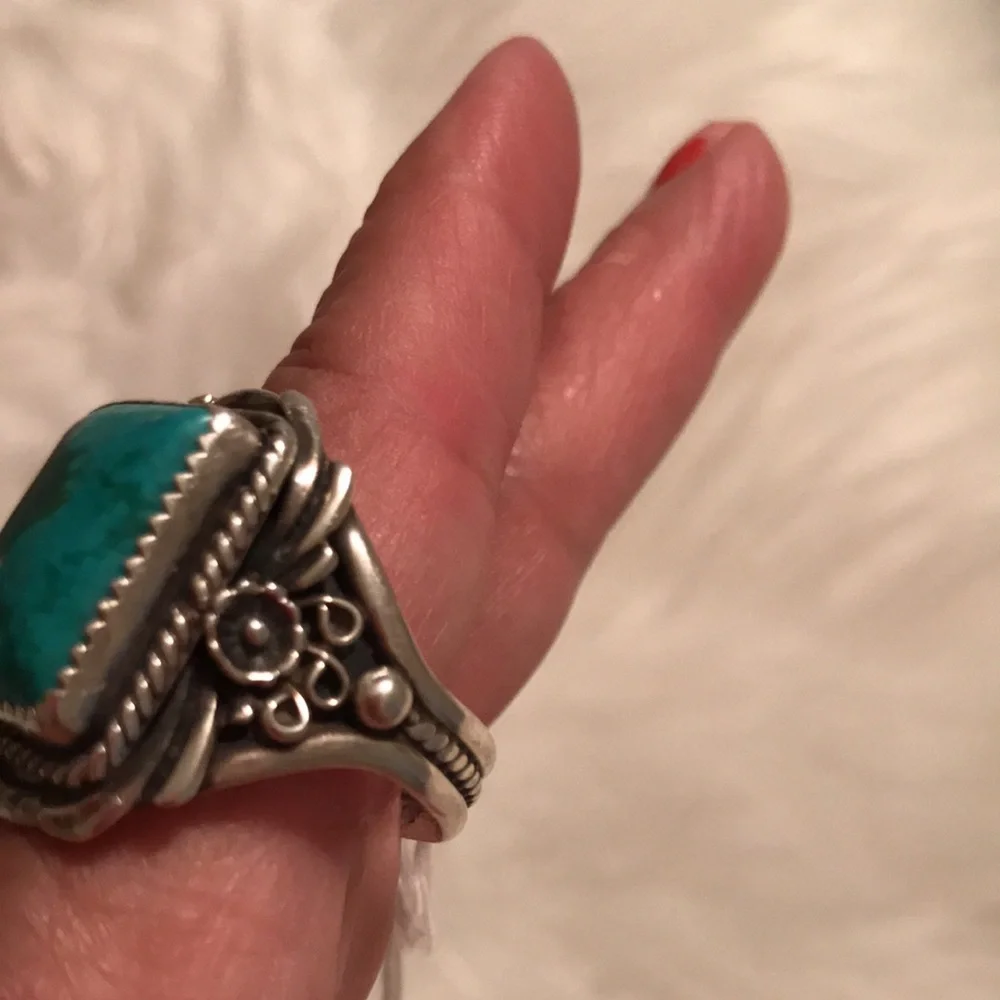 Sterling Silver Turquoise Navajo Ring - Blue Green Stone